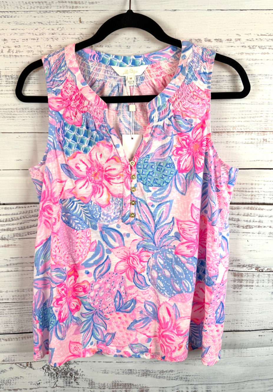 LILLY PULITZER 100% cotton pink blue sleeveless tank V-neck top size M NWT